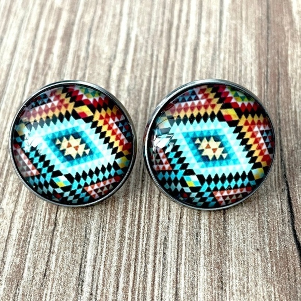 20mm Geometric Print Stainless Steel Earring Studs, Handmade, NWT, Unworn